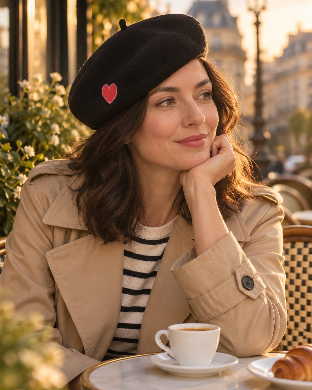 Woman in a trench coat at a café terrace wearing the black beret with the red heart