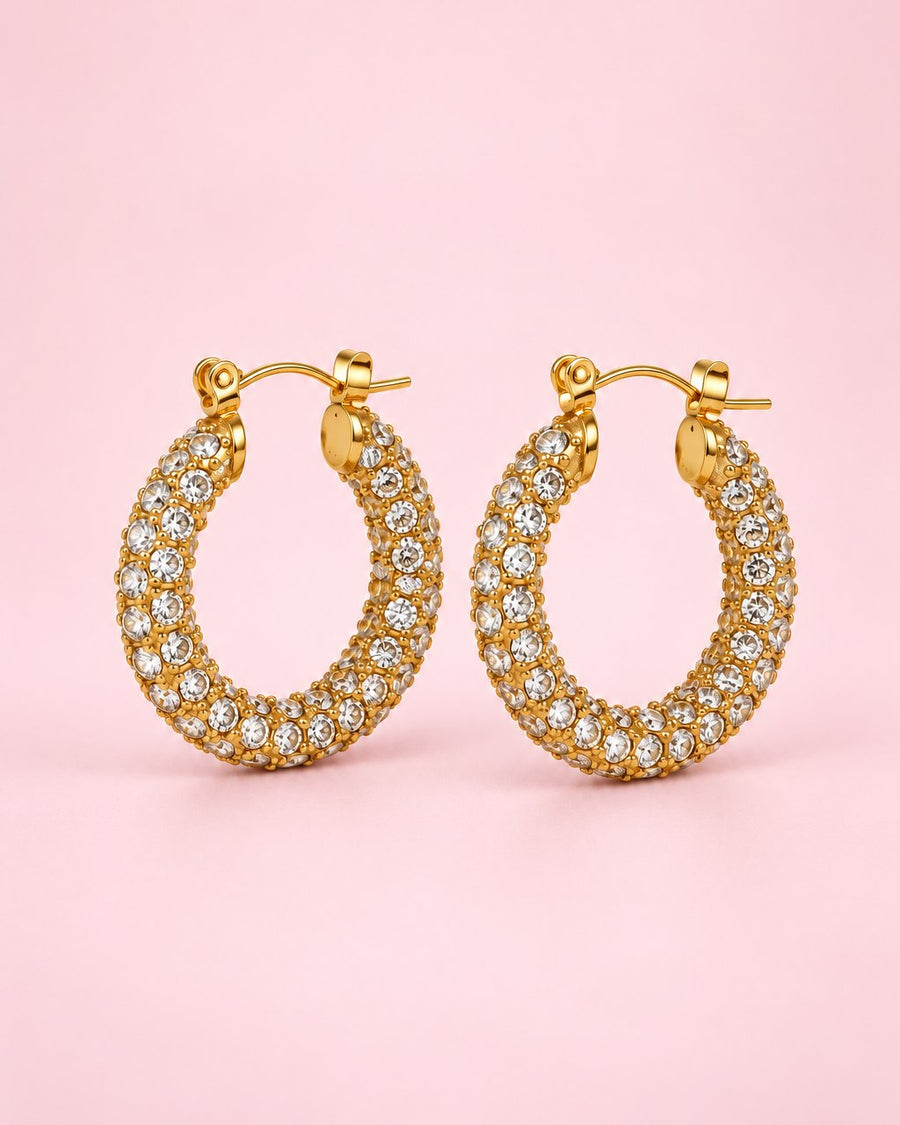 Pair of 23 mm gold-tone hoops set all round with clear stones