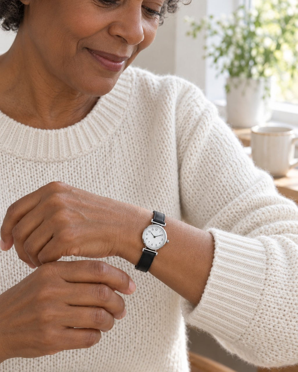 Woman in a cream knit lifting her wrist to check the time on the petite black-strap watch
