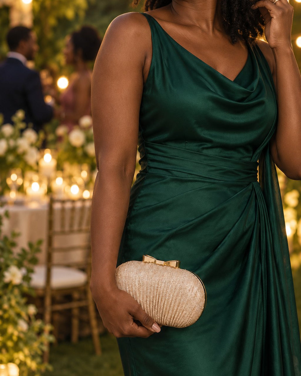 Wedding guest in a green dress holding the gold-tone pleated clutch at an evening reception