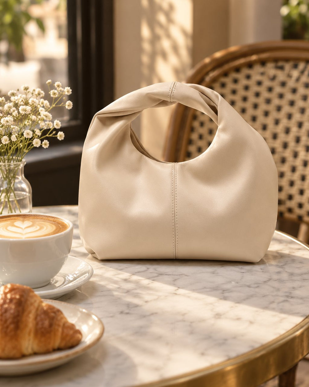 The beige twist-handle mini bag on a café table beside a cappuccino