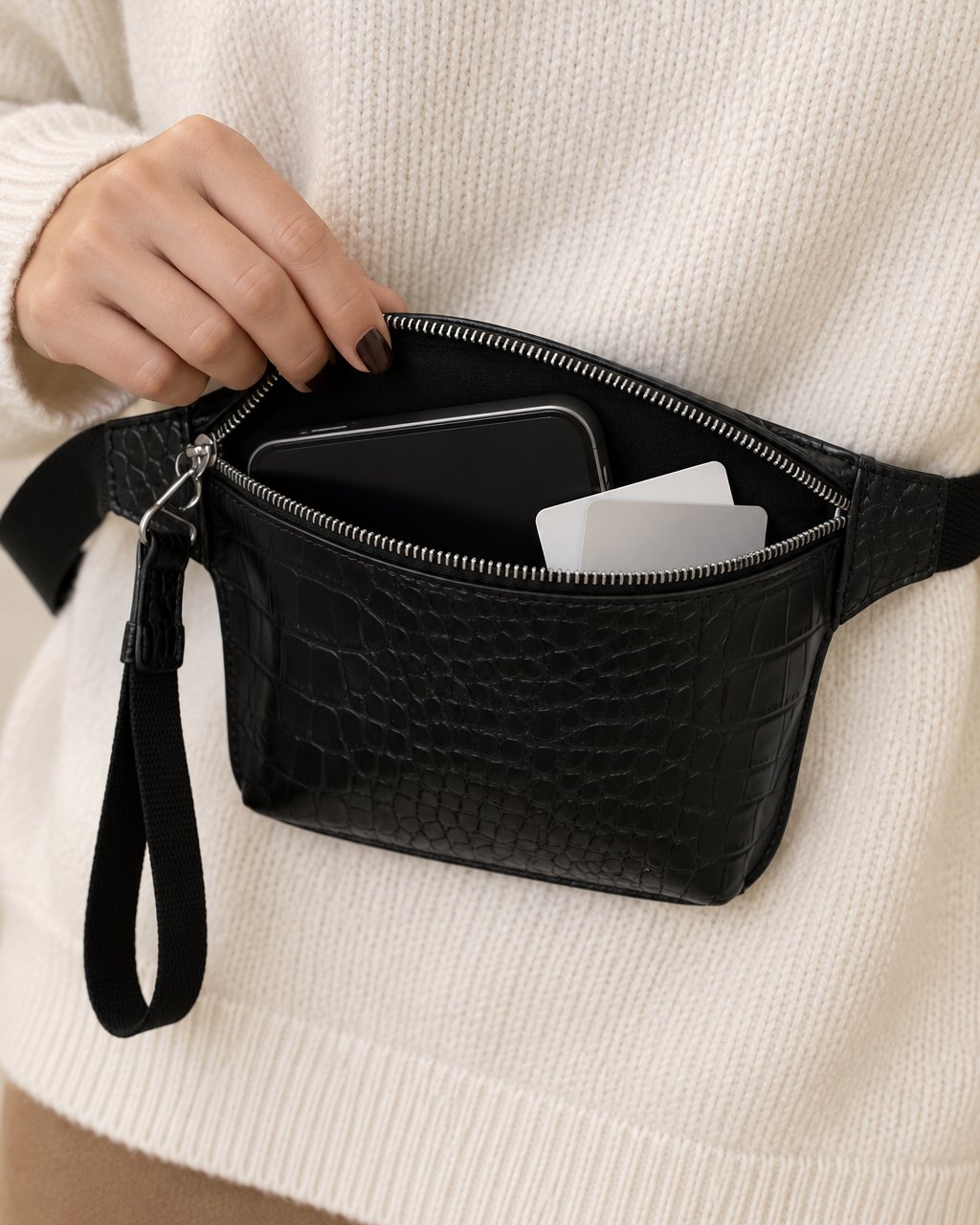 A hand holds the slim belt bag open with a phone and cards tucked inside