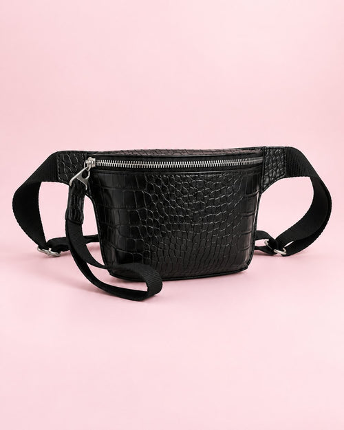 Black croc-embossed belt bag with a wide black strap