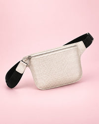 White croc-embossed belt bag with a wide black strap