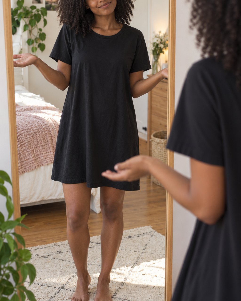 Woman in a plain loose black dress shrugging at her reflection in a mirror