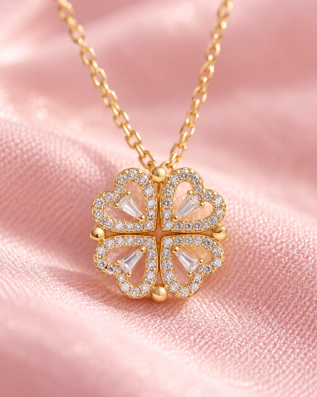 Close-up of the stone-edged hearts, their baguette centre stones and the small round beads where they join