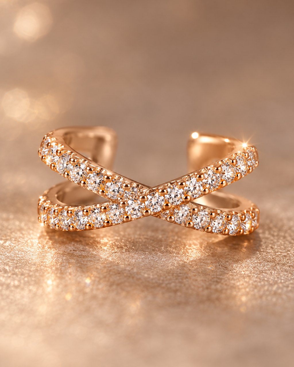 Close-up of the two crossed bands lined with tiny cubic zirconia stones