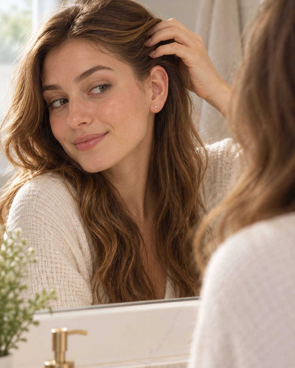 Woman at a mirror holding her hair back and eyeing her bare upper ear, a little unsure