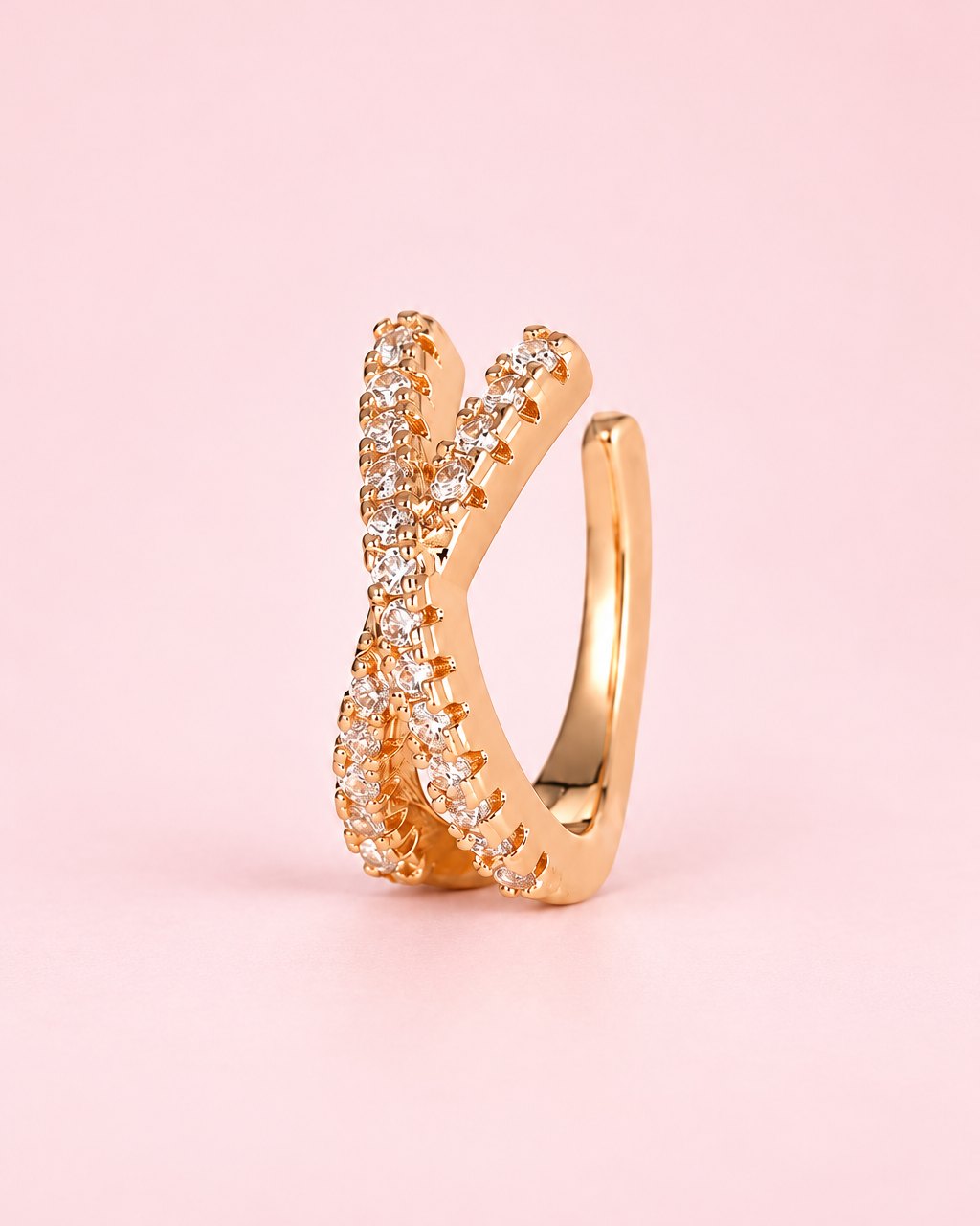 Rose gold-tone criss-cross ear cuff with two stone-set bands