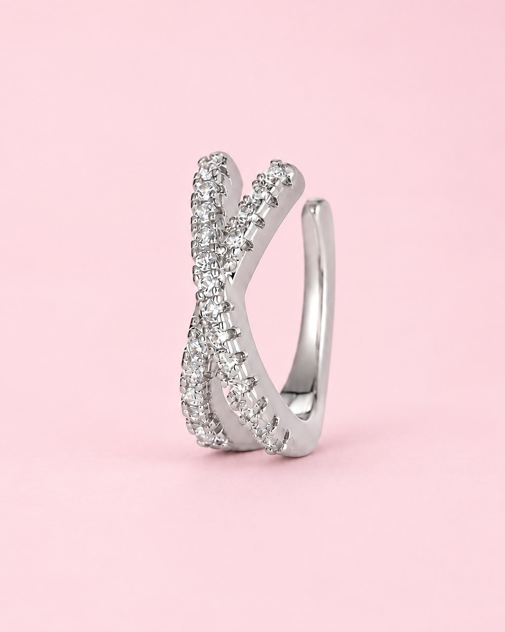 Silver-tone criss-cross ear cuff with cubic zirconia