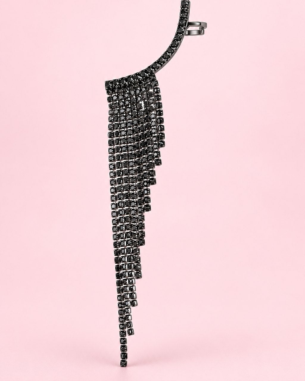 Black ear climber with dark rhinestones and a long fringe