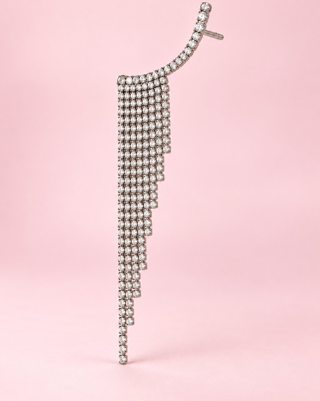 Silver-tone ear climber with clear rhinestones and a long fringe