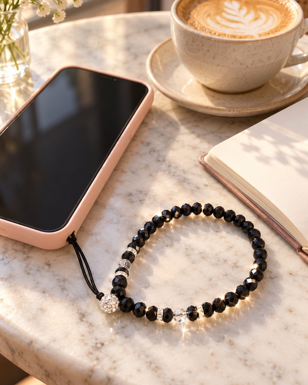 Phone lying face up with the black beaded wrist strap attached, on a café table beside a latte and a notebook