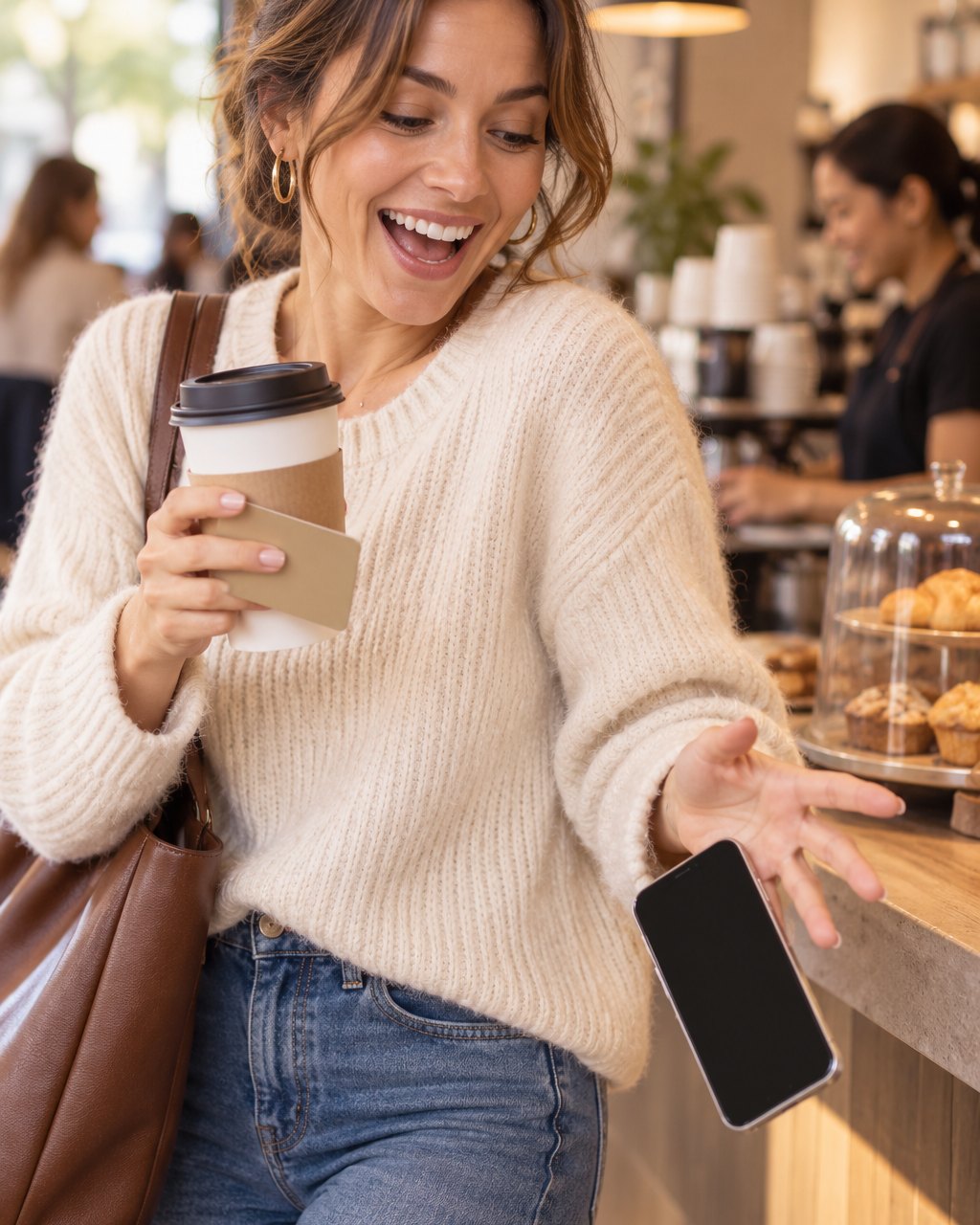Woman at a café counter juggling a coffee, a card and her phone, laughing as the phone slips