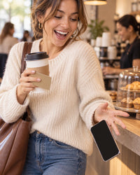 Woman at a café counter juggling a coffee, a card and her phone, laughing as the phone slips