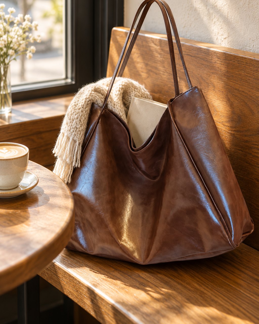 The brown glossy tote on a bench in a bright café, a scarf and a book peeking out