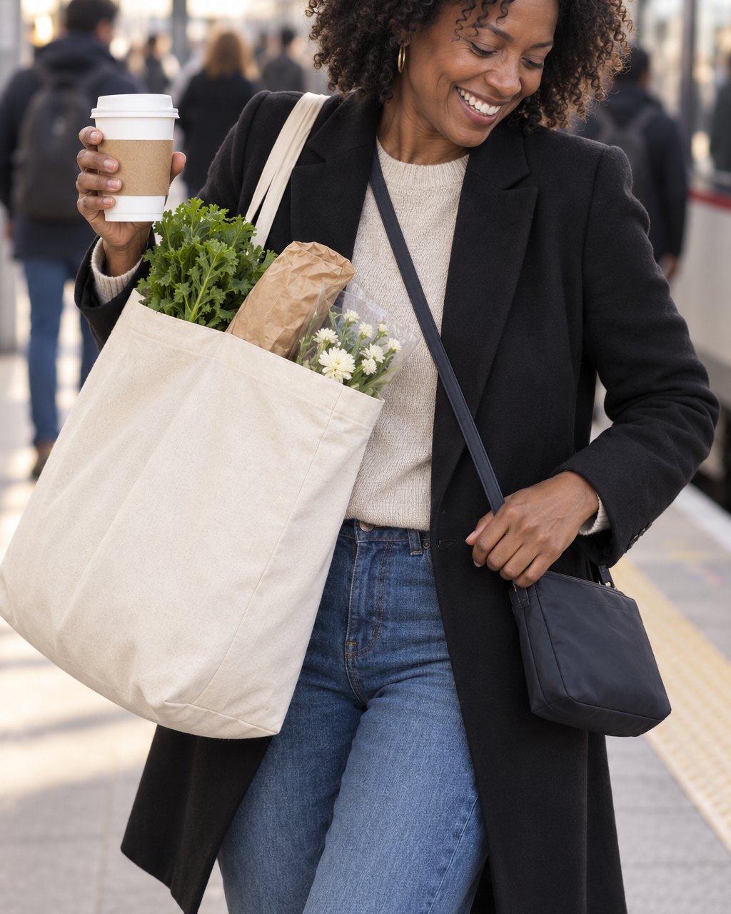 Woman on a train platform juggling a canvas shopper, a small navy pouch and a coffee