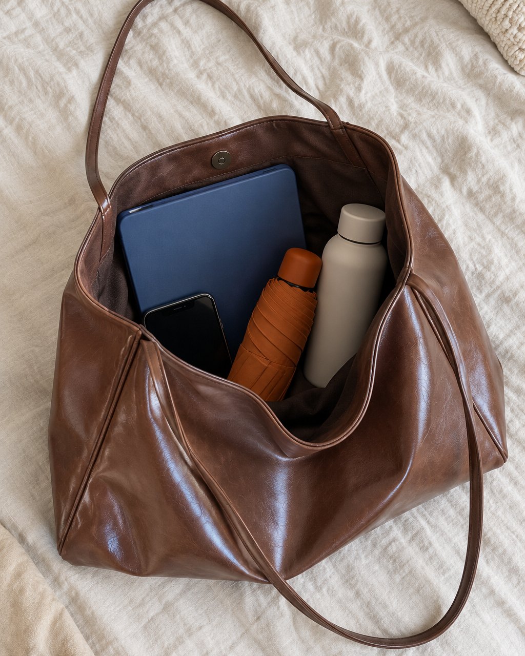 The open tote holding a tablet in a case, a water bottle, a folded umbrella and a phone