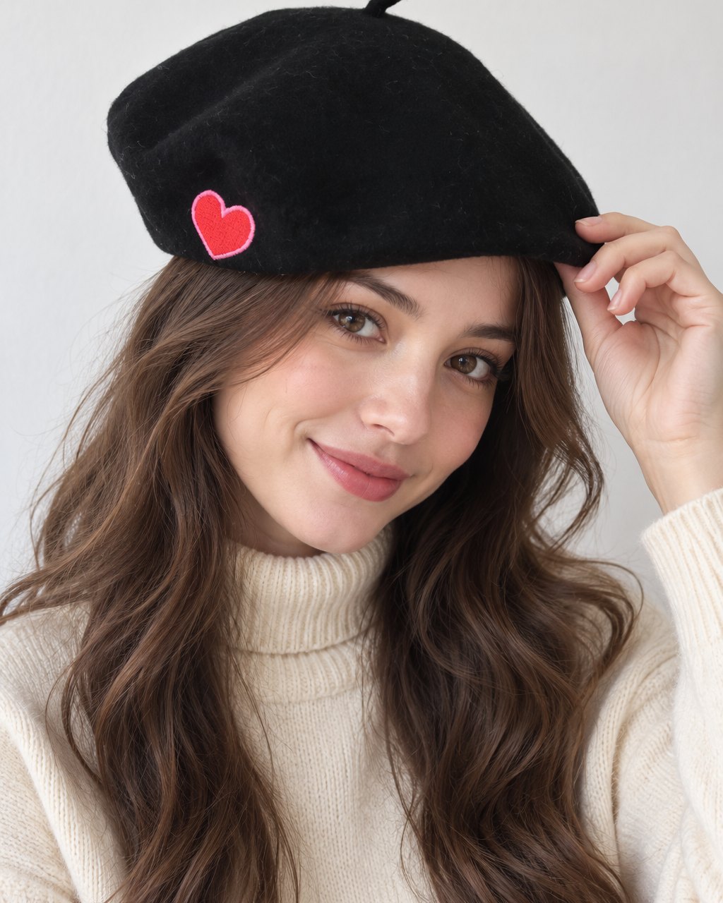A woman tilts the black heart beret to one side over long loose hair