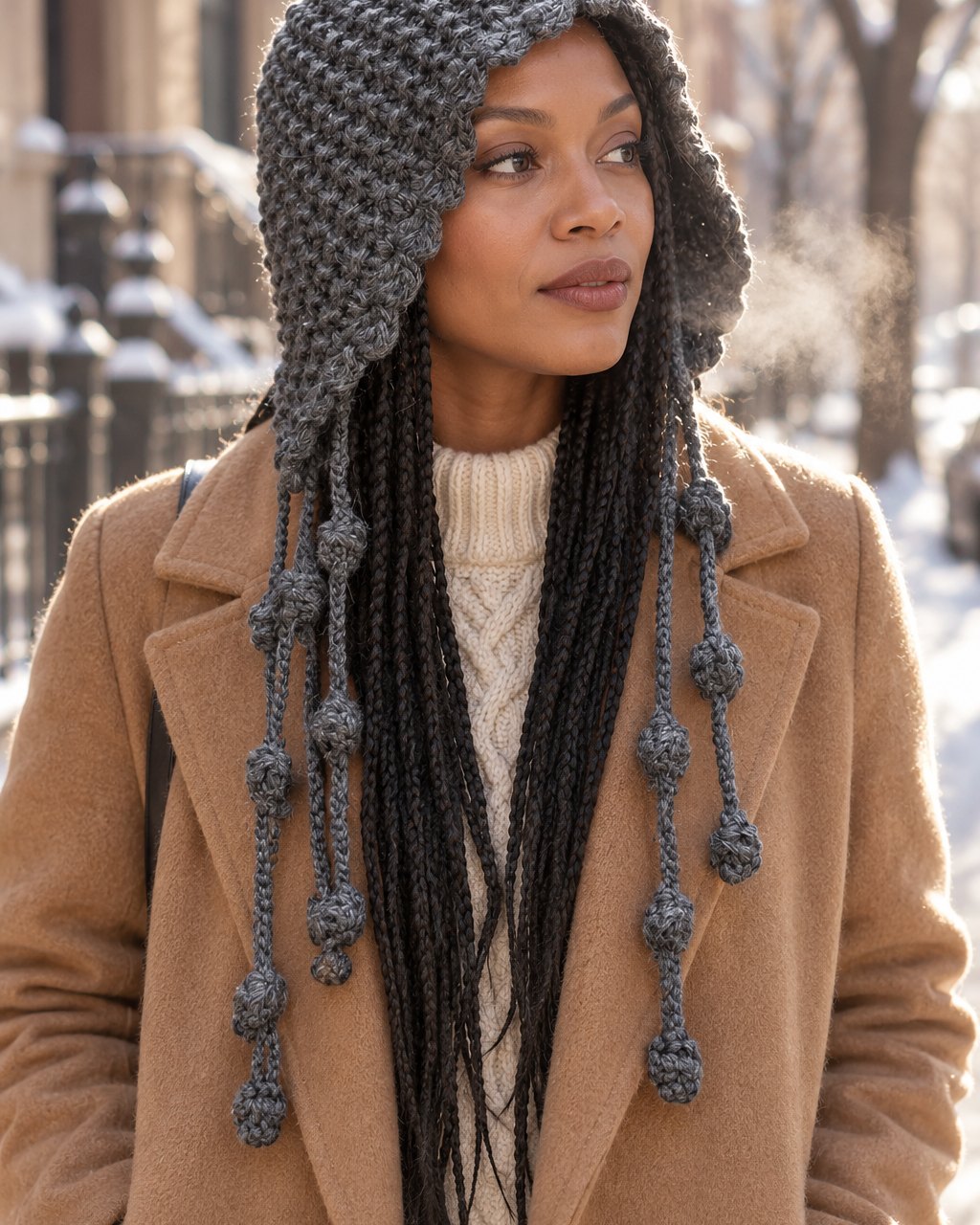 Woman on a frosty city street wearing the grey knit bonnet over long hair and a wool coat