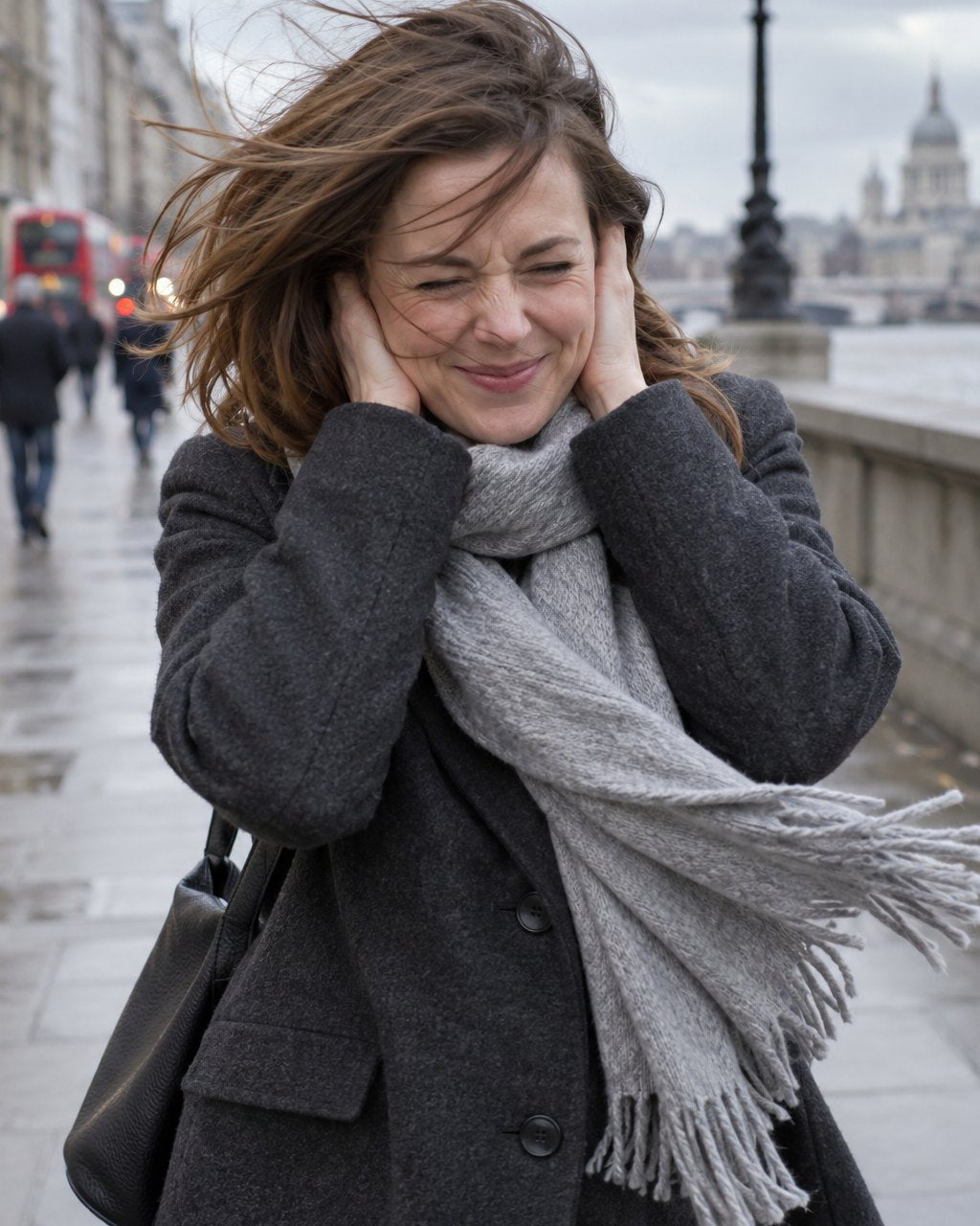 Woman on a windy street covering her cold ears with her hands