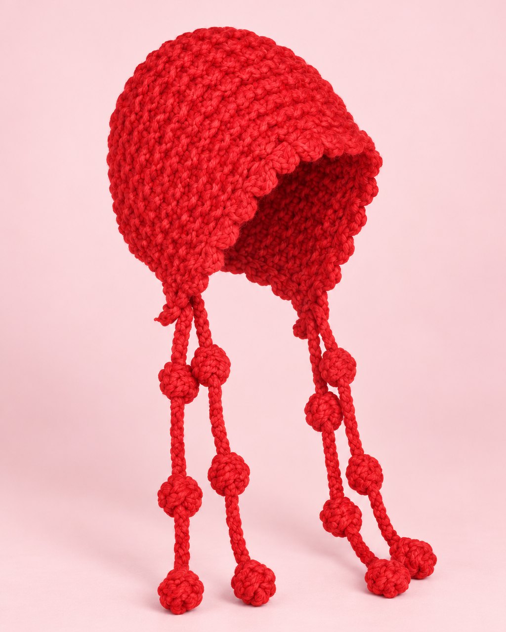 Red chunky hand-knit bonnet with long knotted ties
