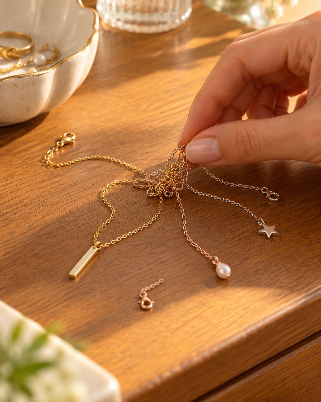 Three separate pendant necklaces knotted together on a wooden dresser