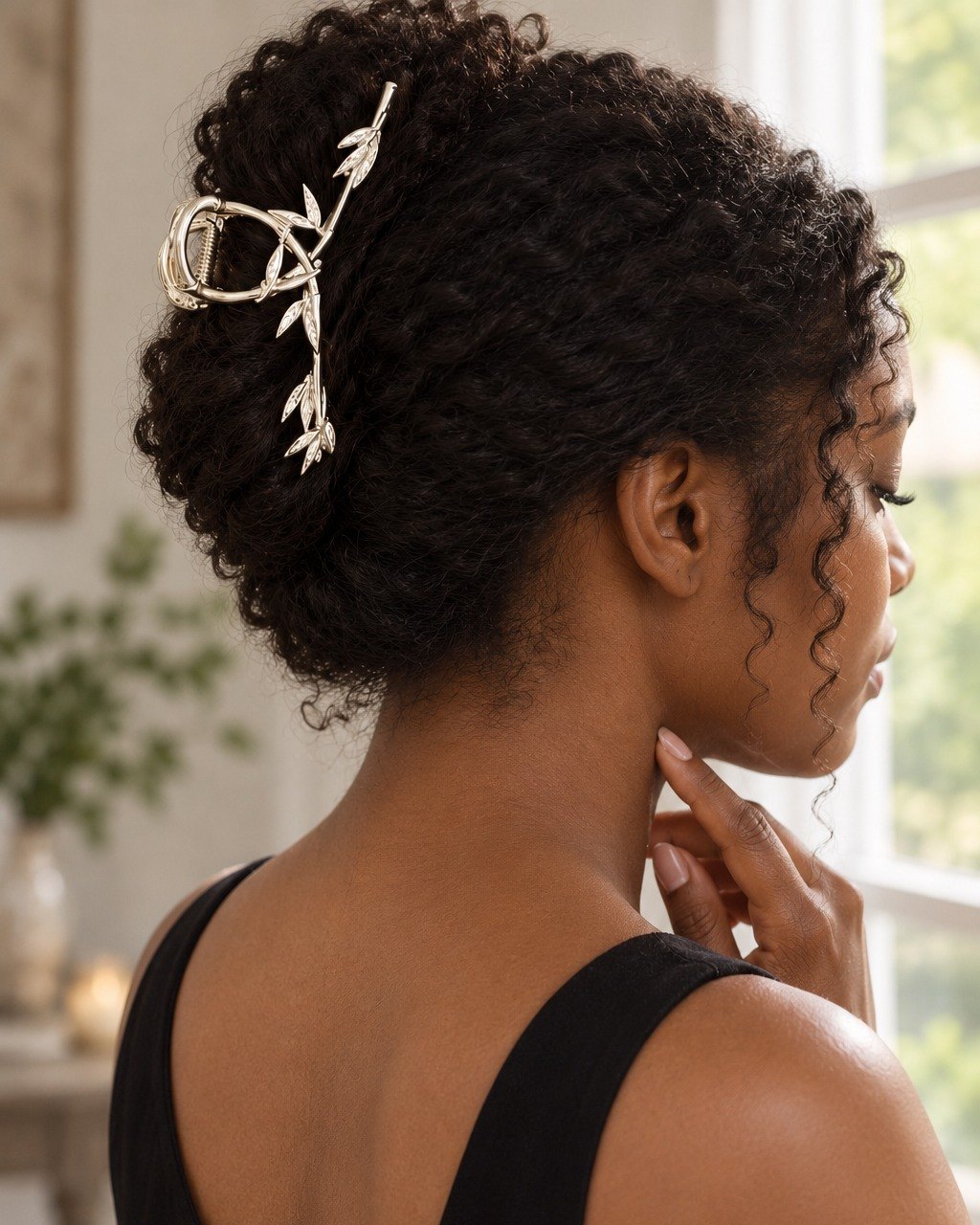 Woman in a black top at a window with her hair in a twisted bun held by the leaf clip