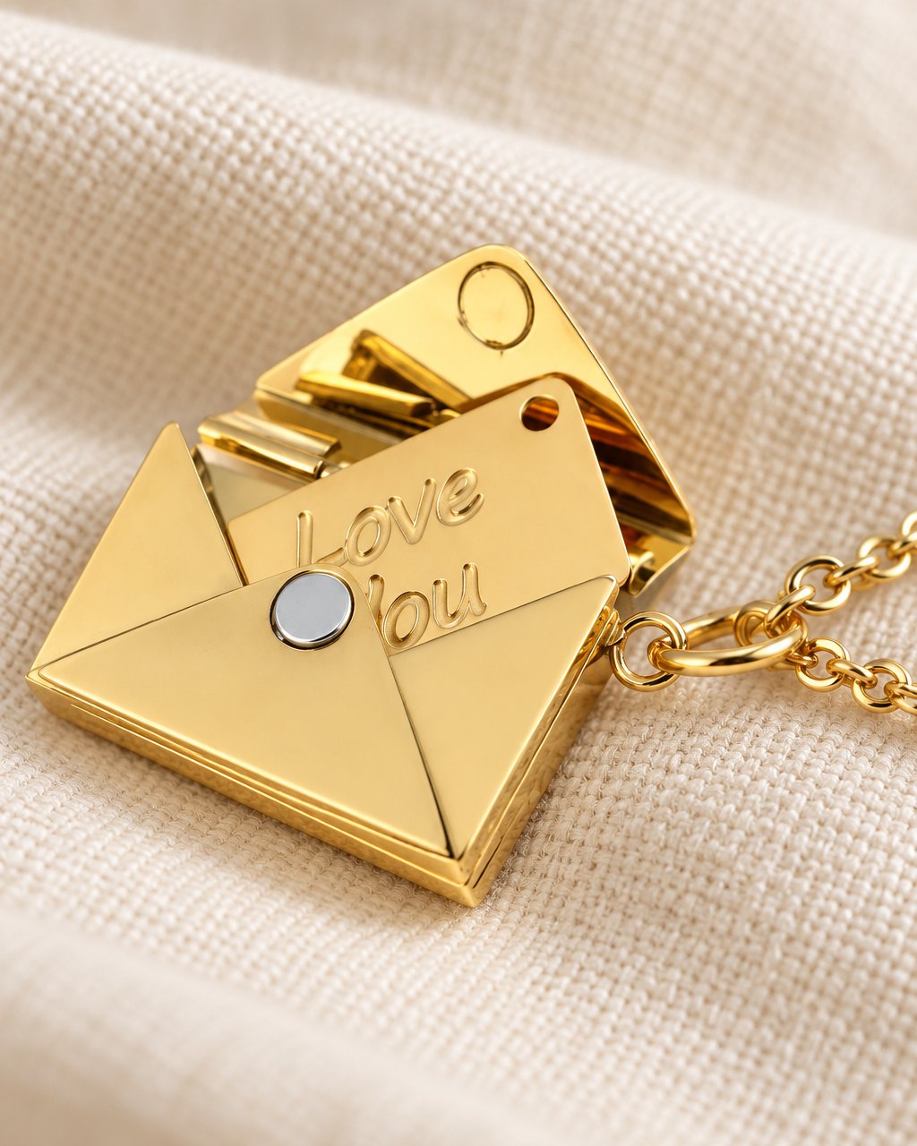 Close-up of the open envelope pendant and its small card engraved 'Love You' in script