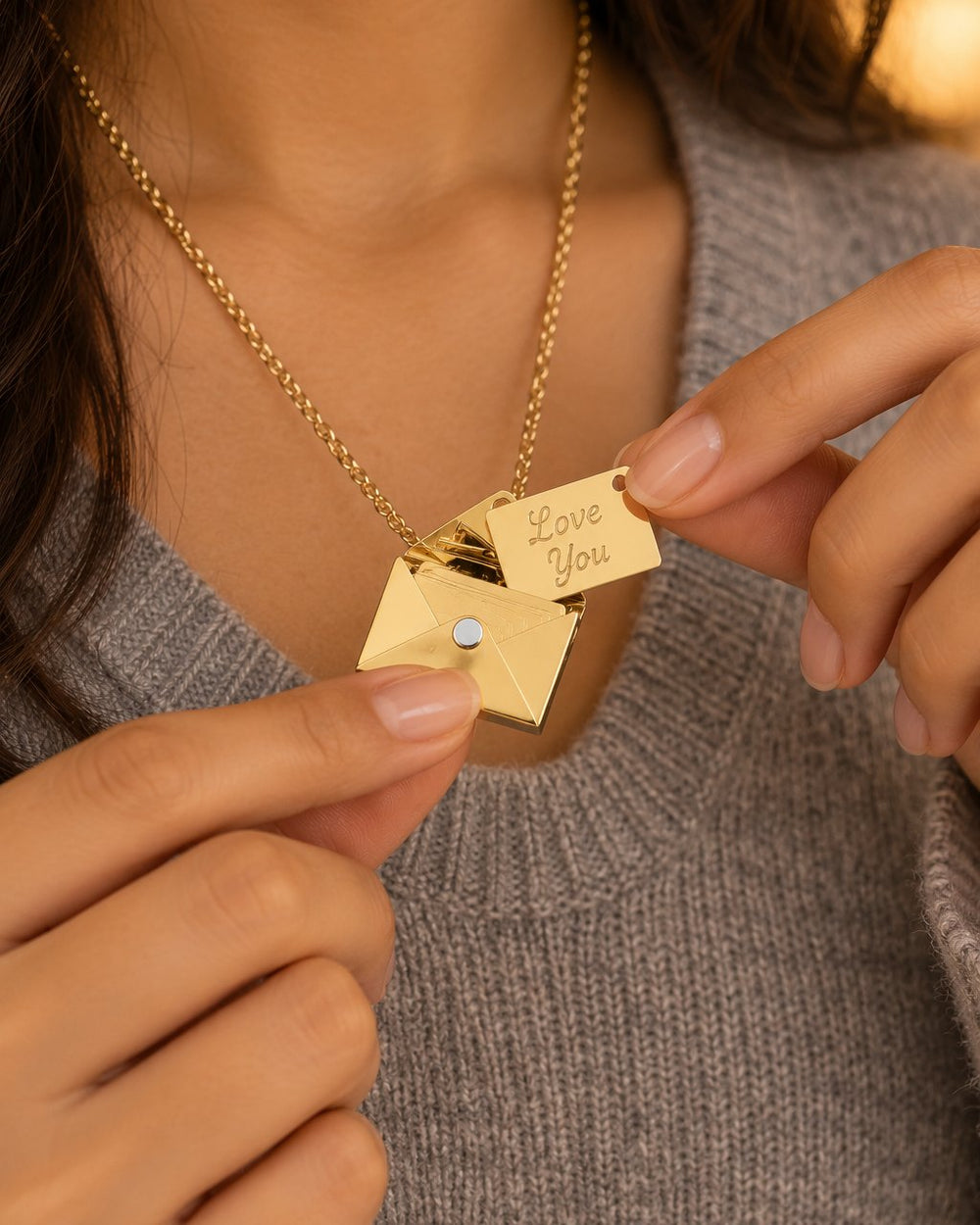 Fingertips open the gold-tone envelope pendant on a woman's chest and slide out the tiny 'Love You' card