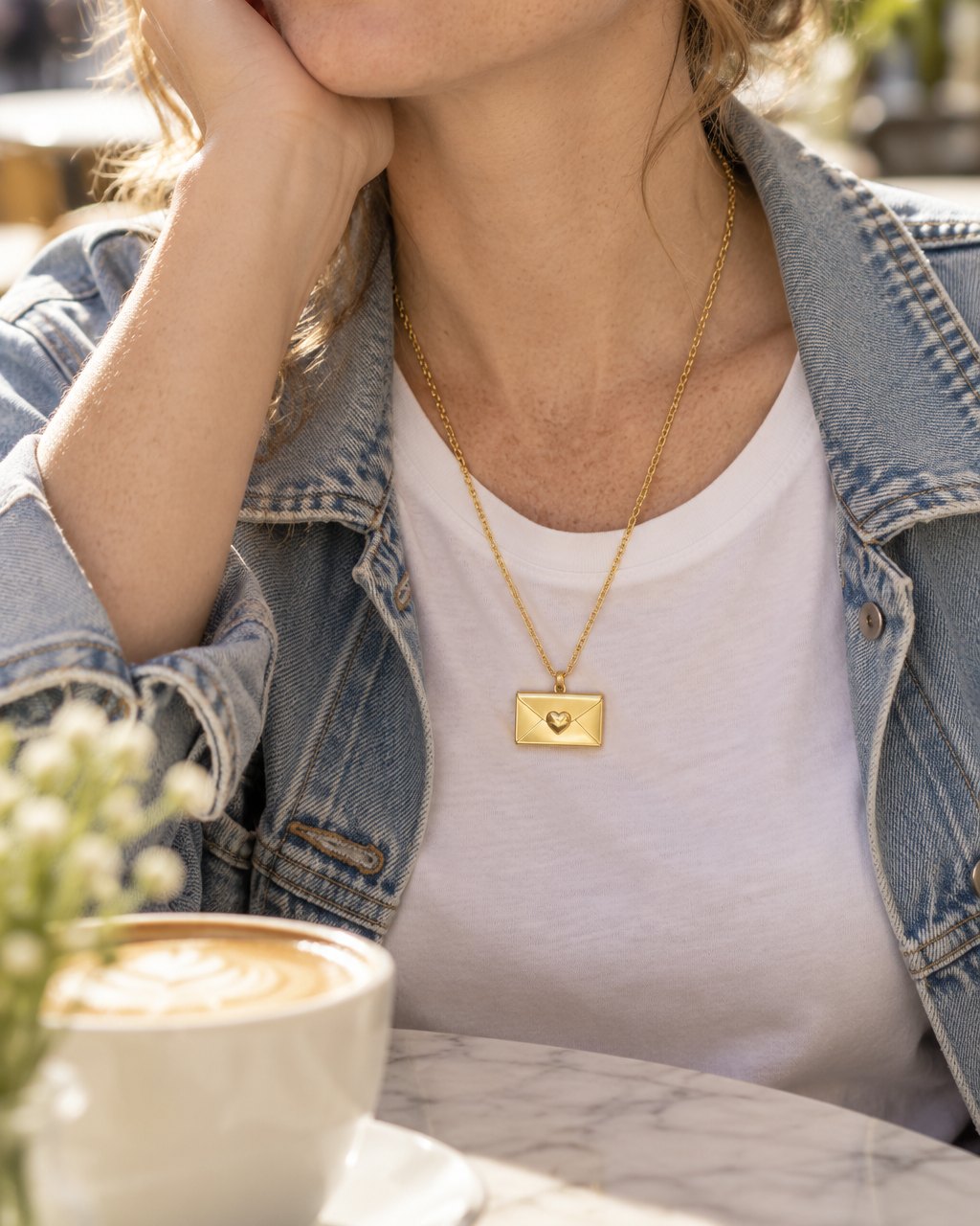 Woman in a white tee and denim jacket at a café table, wearing the closed gold-tone envelope pendant