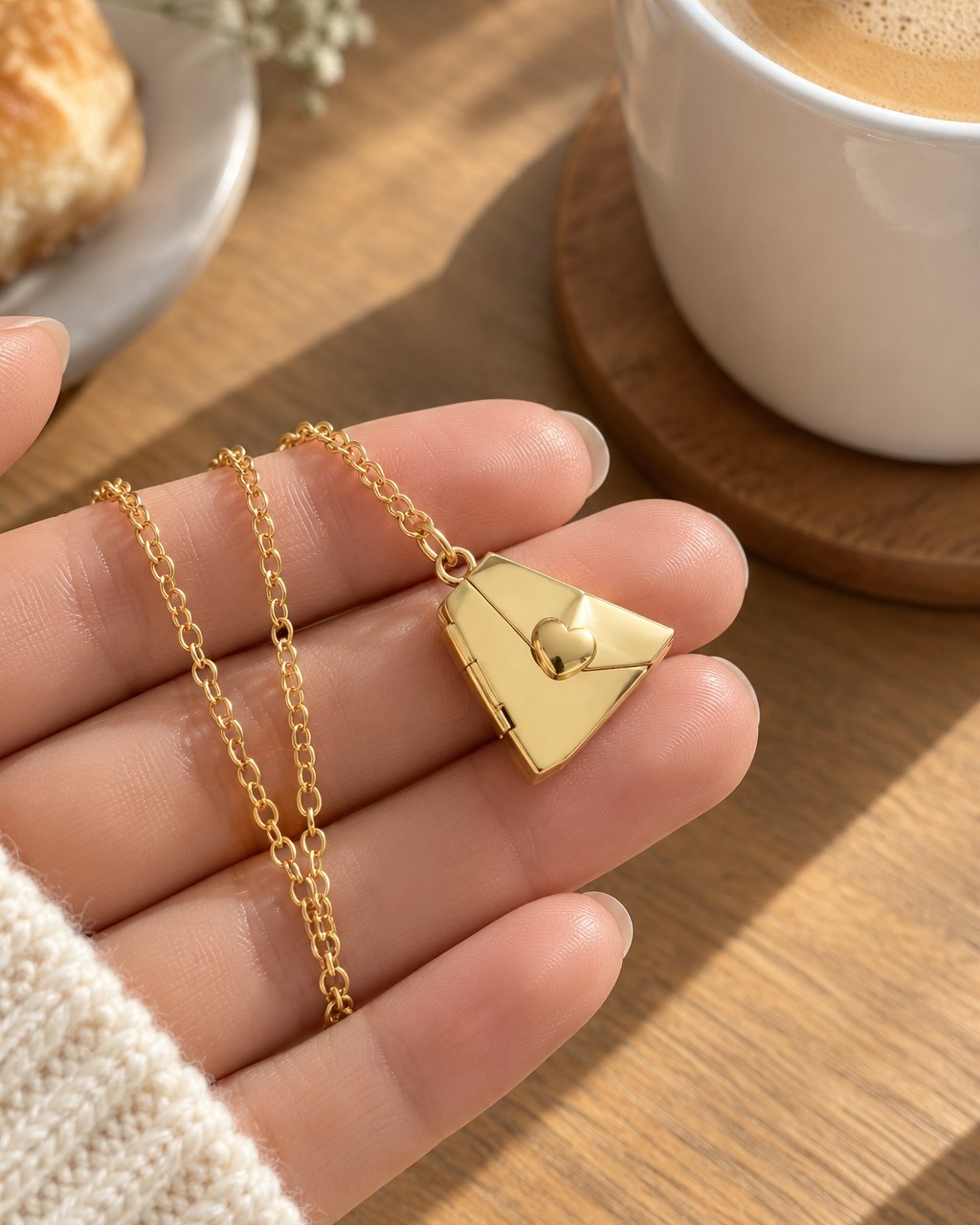 The closed envelope pendant with its heart seal resting on a fingertip beside a coffee cup