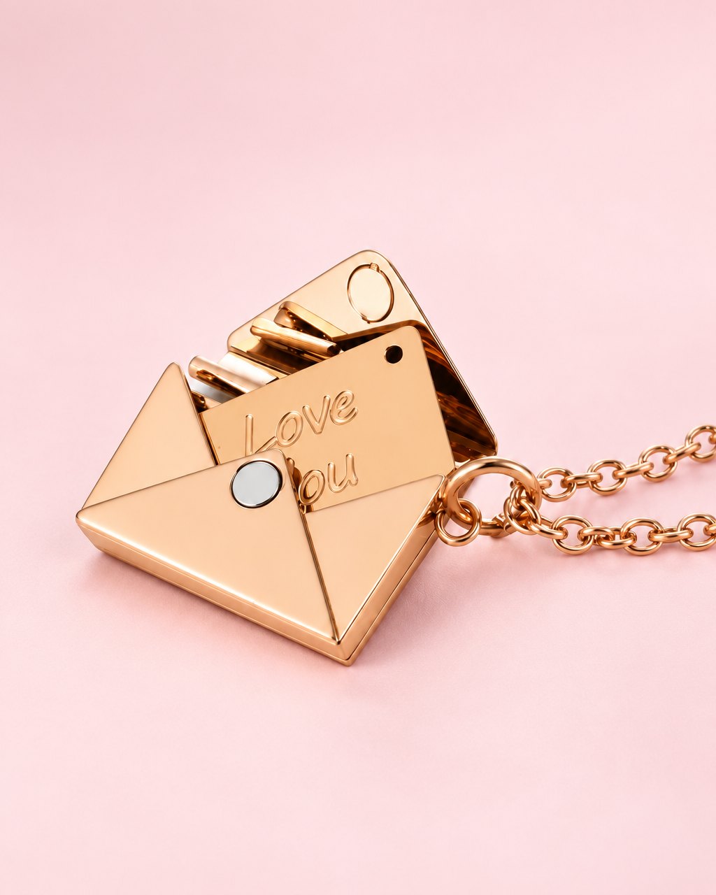Rose gold-tone envelope necklace, open to show the 'Love You' card