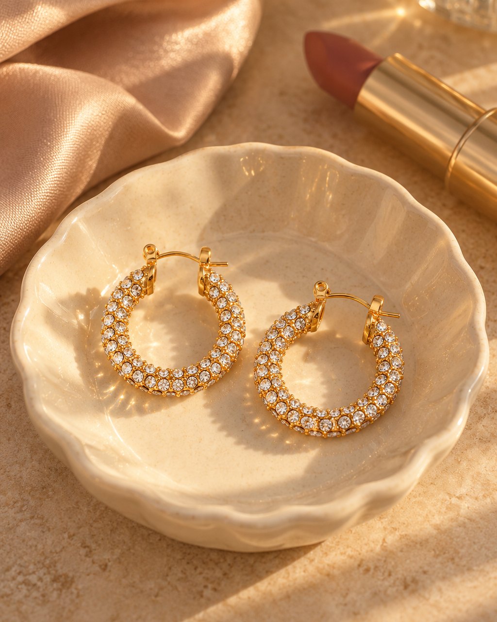 The pavé hoops in a cream ceramic dish on a vanity beside a lipstick