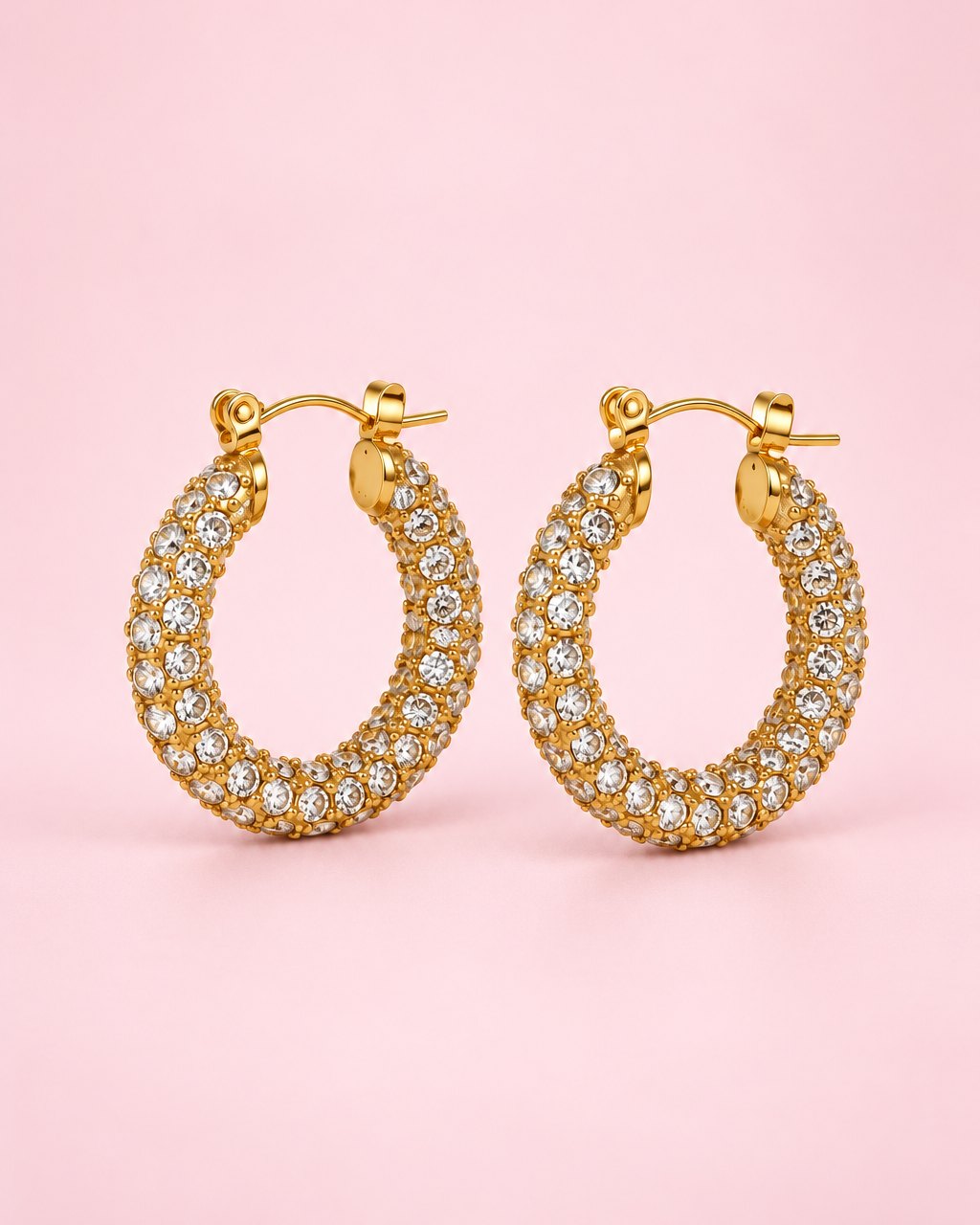 Pair of 23 mm gold-tone hoops set all round with clear stones
