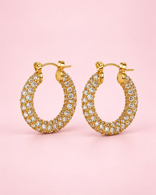 Pair of 23 mm gold-tone hoops set all round with clear stones
