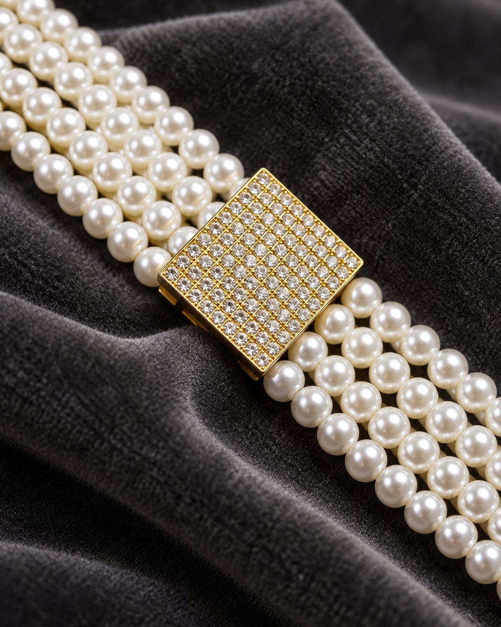 Close-up of four rows of faux pearls meeting the gold-tone square buckle paved in rhinestones