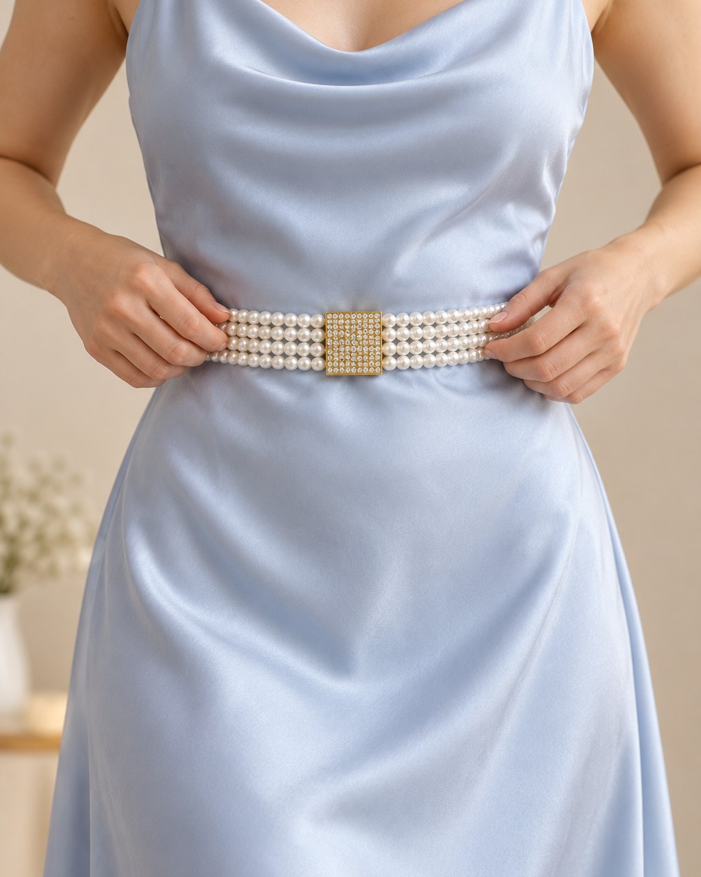 A woman settles the pearl stretch belt at the waist of her pale blue satin dress