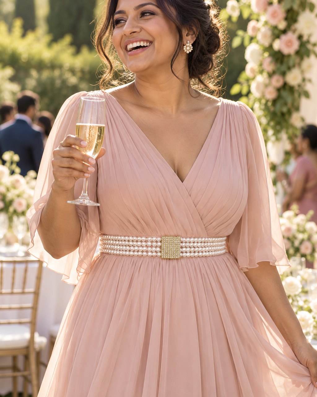 Woman at a garden wedding in a flowing dress cinched with the four-row pearl belt