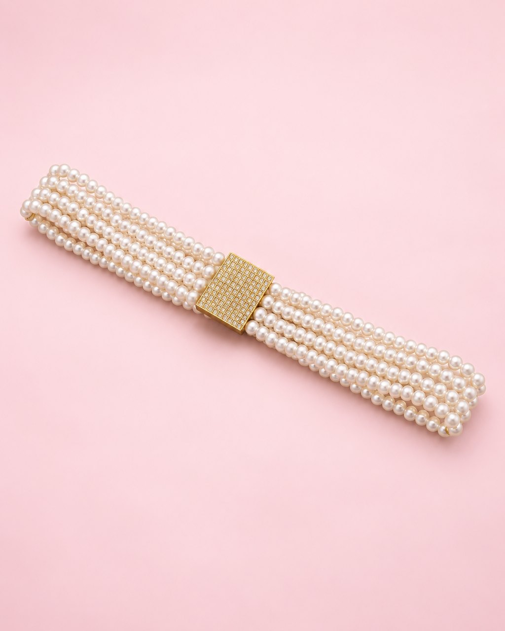 Four-row faux pearl stretch belt with a square rhinestone buckle