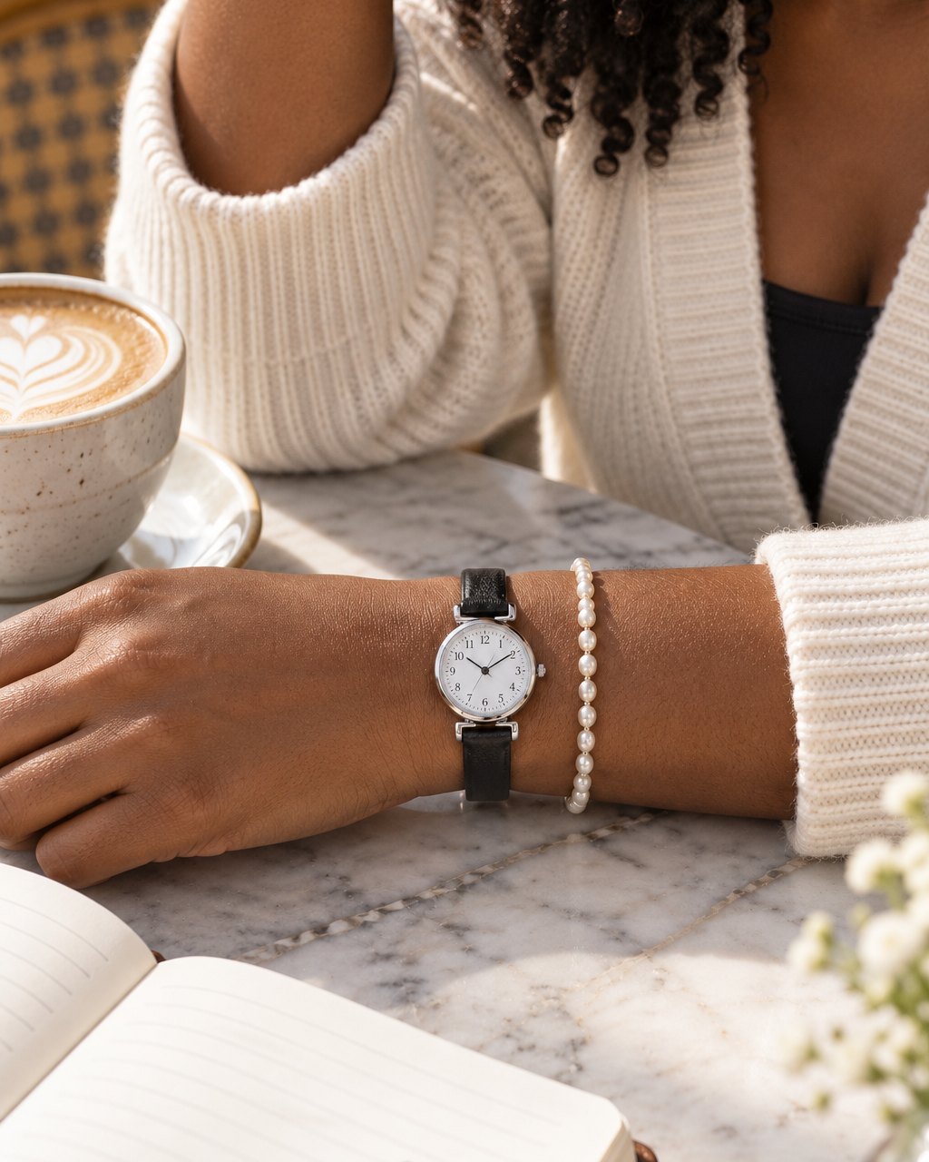 Wrist with the petite watch and a pearl-look bracelet resting on a café table beside a latte