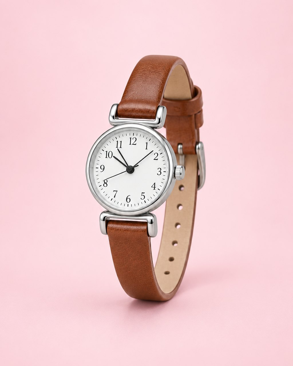 Petite silver-tone watch with a white dial on a slim brown strap