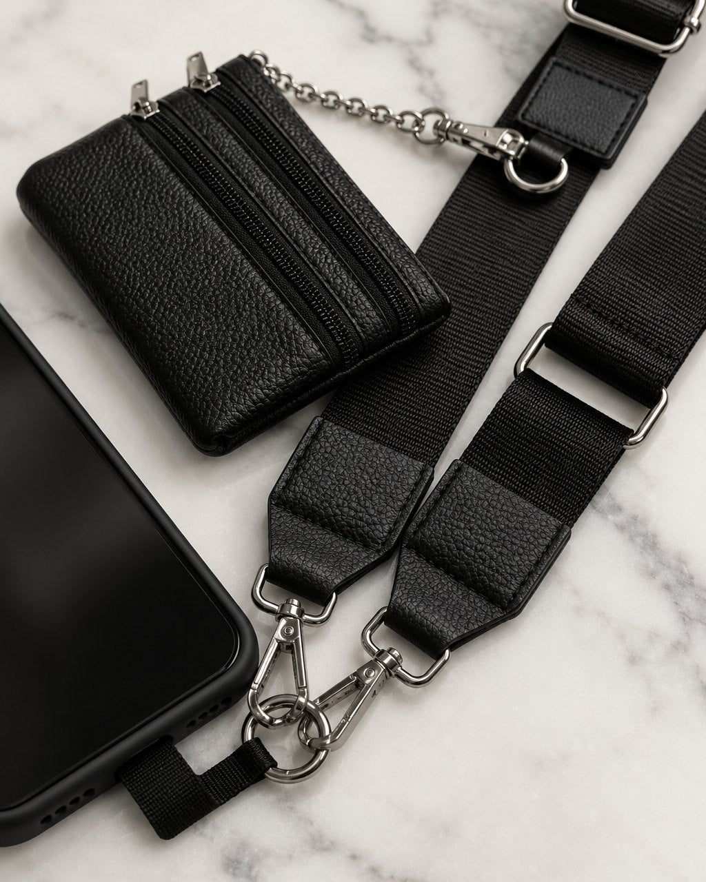 Close-up of the swivel clasps clipped to the tab at the bottom of a phone case, and the double-zip pouch