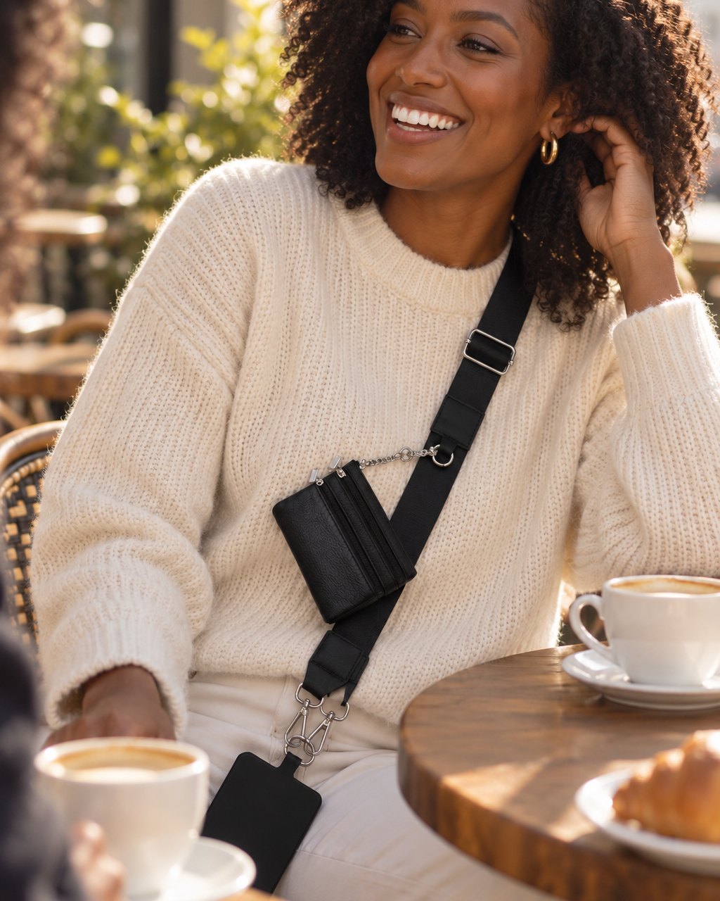 Woman at a café table in a cream jumper, wearing the black phone strap and mini pouch crossbody
