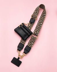 Leopard-print phone strap with gold-tone clasps and a black zip pouch