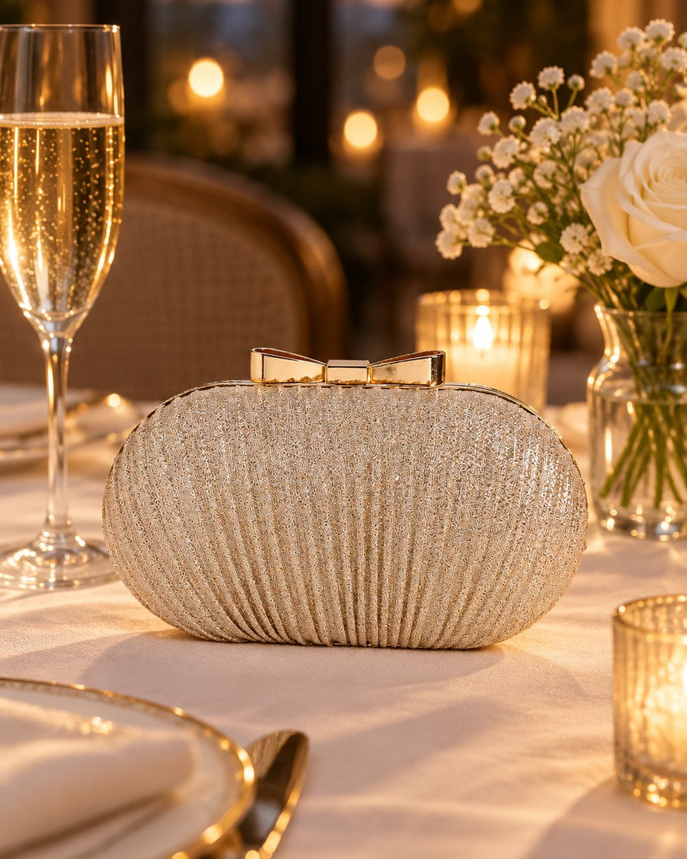 The gold-tone clutch on a candlelit dinner table beside a glass of champagne