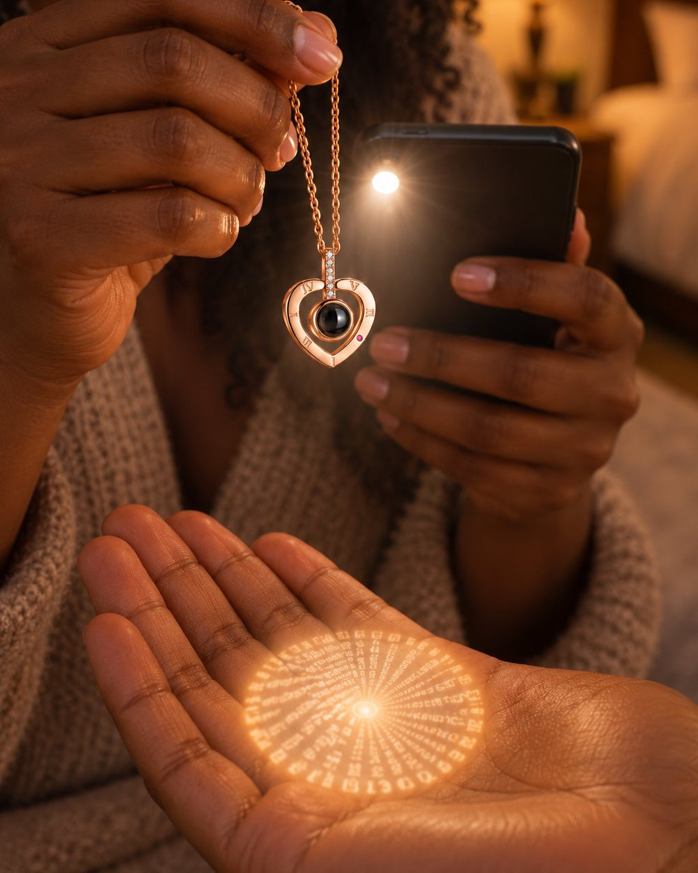 A phone torch shines through the heart pendant, casting a small glowing circle of tiny writing onto an open palm