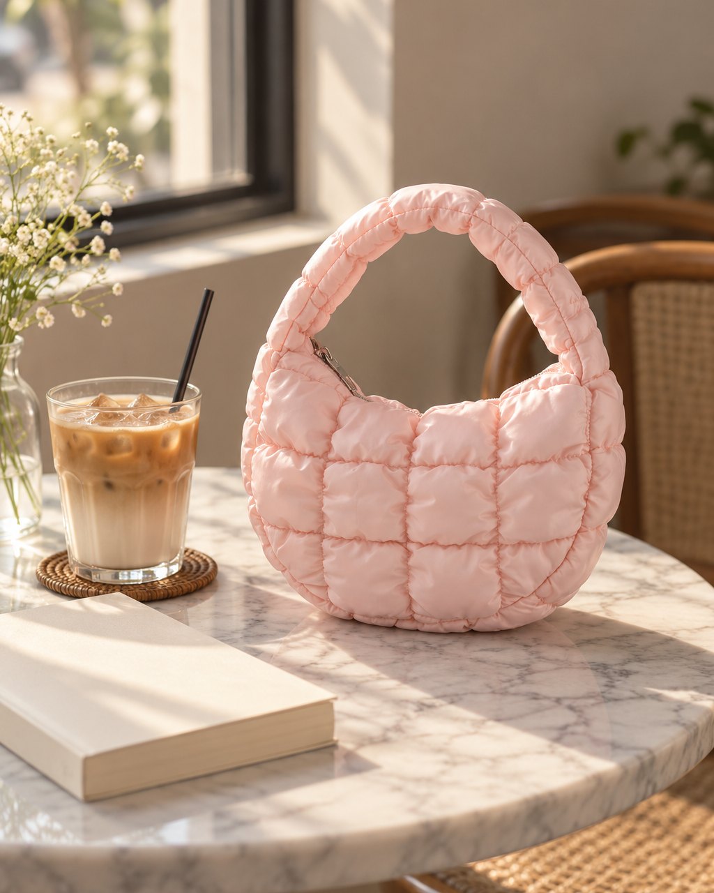 The pink quilted mini bag on a café table beside an iced coffee and a paperback