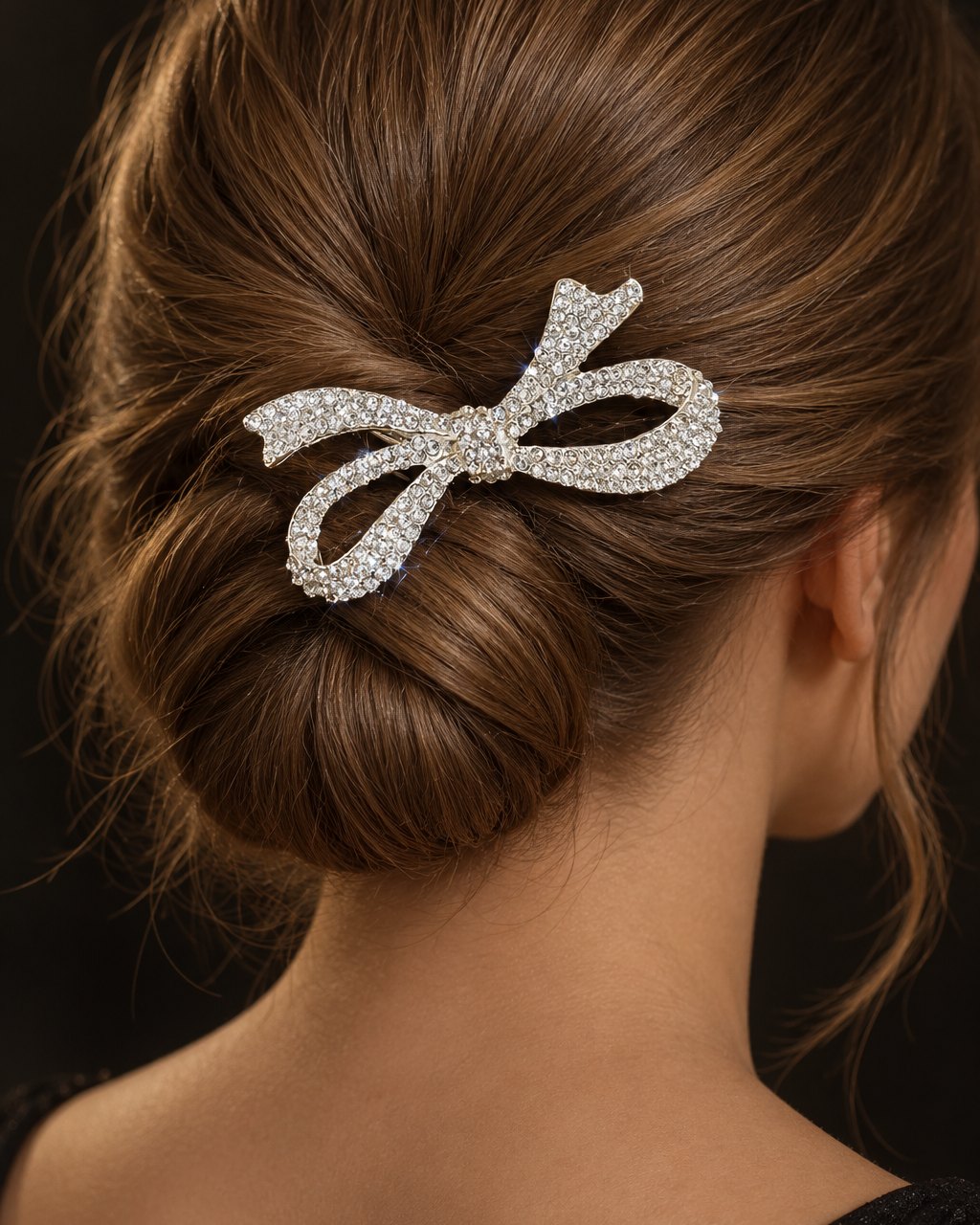 Back view of a low bun with the rhinestone bow hair pin slid in from the side