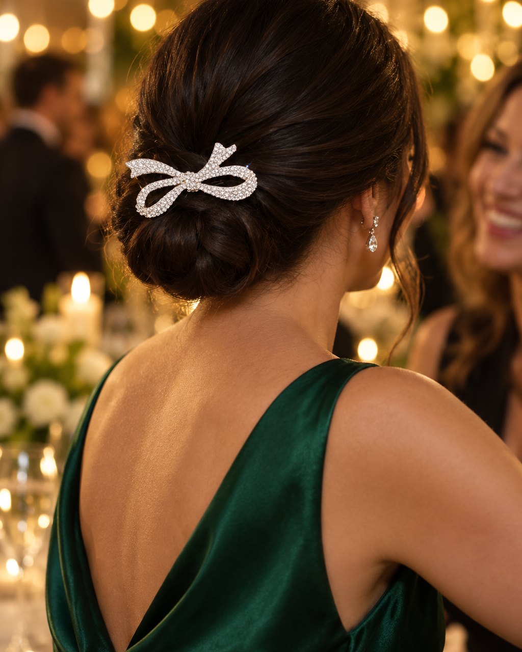 Woman in a satin dress at an evening wedding, her low bun finished with the rhinestone bow pin